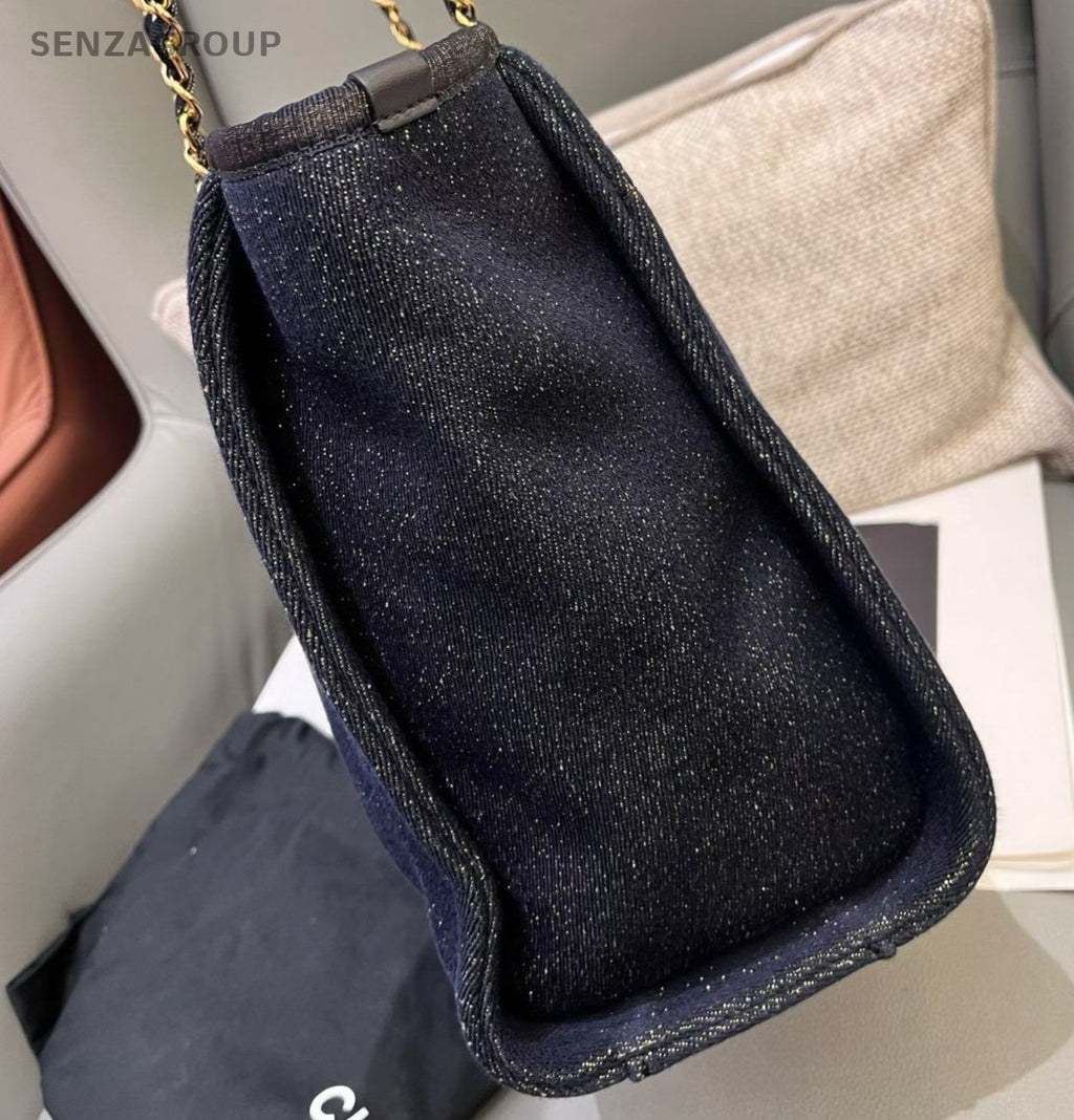 Chanel Denim Chain Tote Shoulder Bag Blue Gold Used Women Classic Fashion