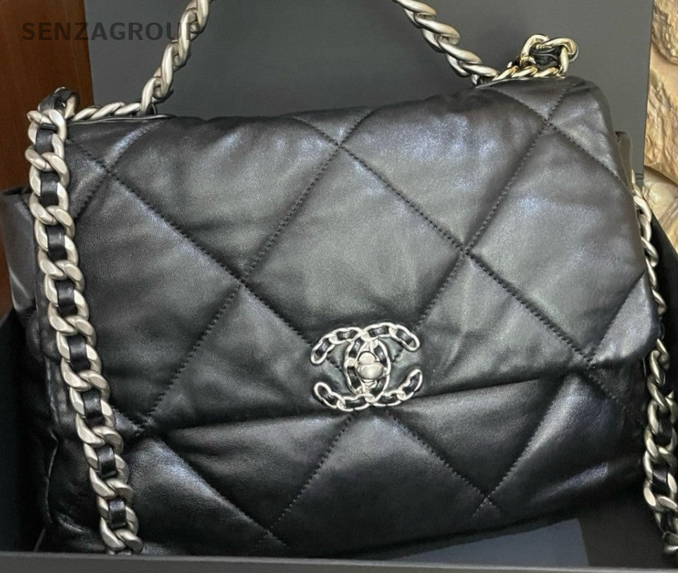 Chanel 19 MM Chain Shoulder Bag Black Silver Gold Women Classic Diamond