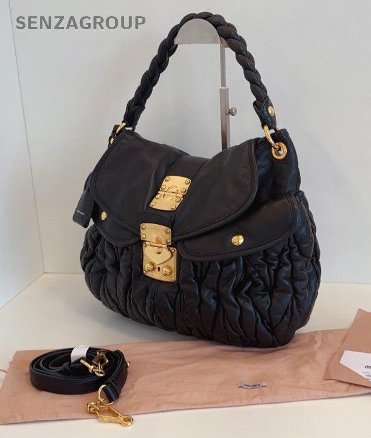 Miumiu Hobo Wrinkled skin 2WAY Shoulder Handbag Black Gold Women