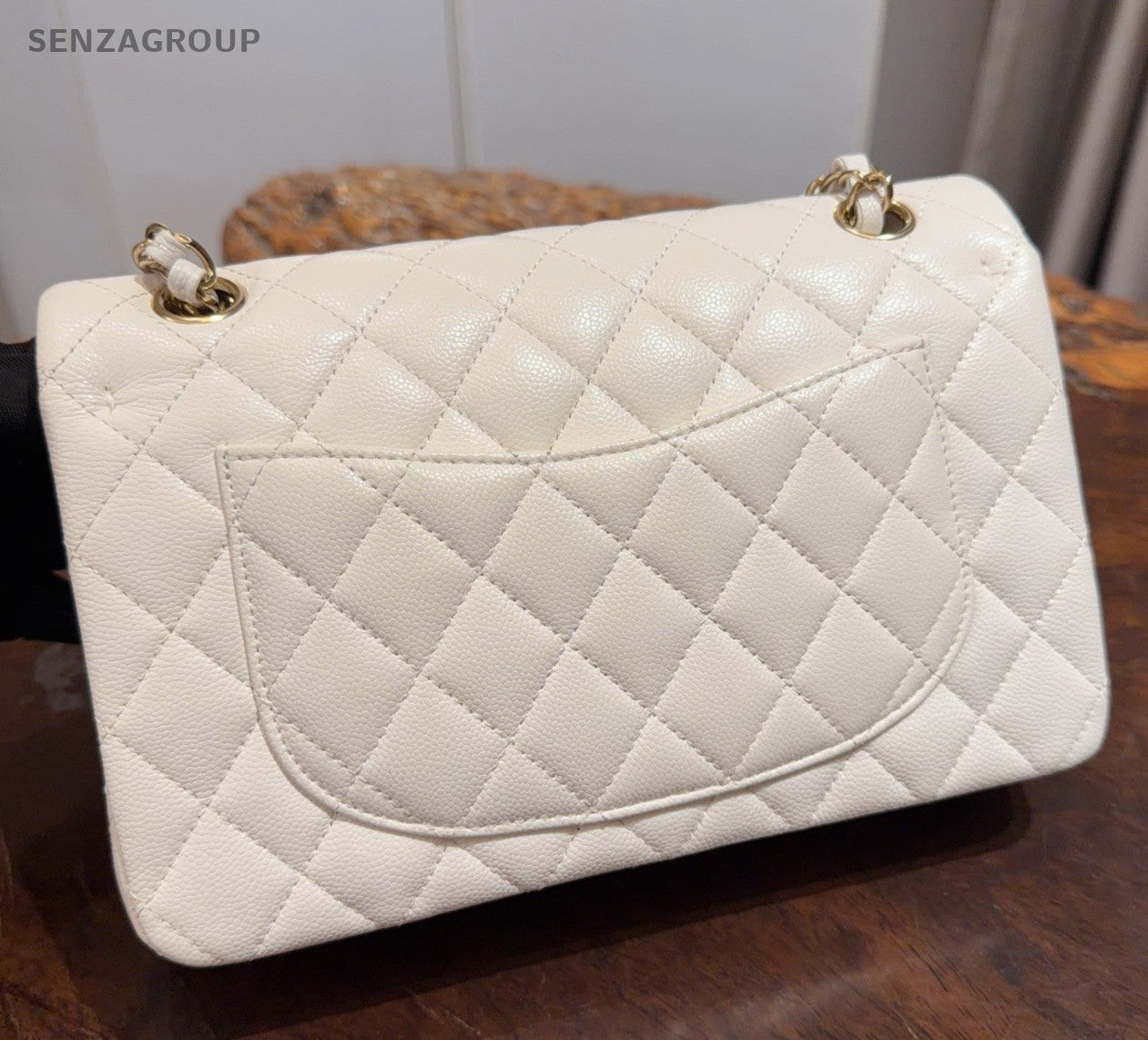 Chanel Classic Flap PM Calfskin Chain Shoulder Bag Crossbody White Gold Women
