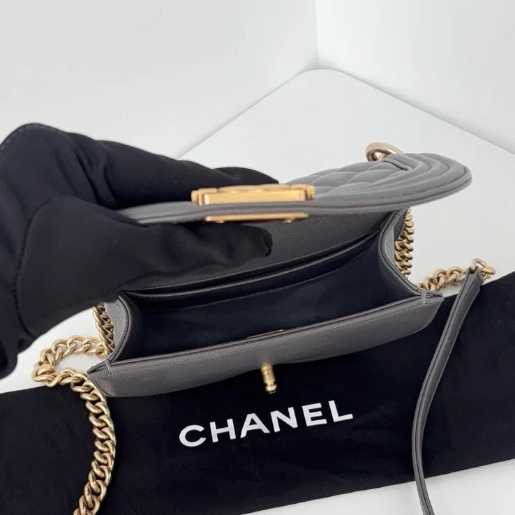 Chip Version Chanel Leboy Calfskin Gray Saddle Gold Chain Shoulder Crossbody