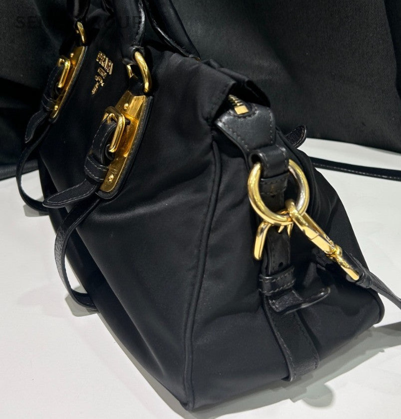 Prada Nylon 2Way Top Handle Bag Crossbody Black Gold Women Classic