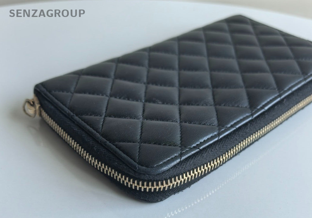 CHANEL CC Logo Long Wallet Diamond Pattern Black Silver