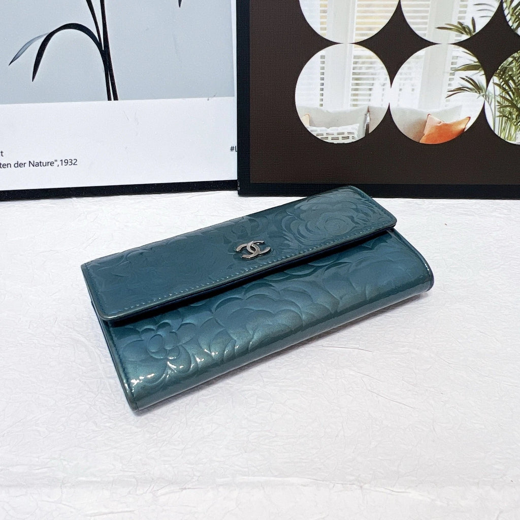 CHANEL Camellia Patent Leather Long Royal Blue Wallet For Women