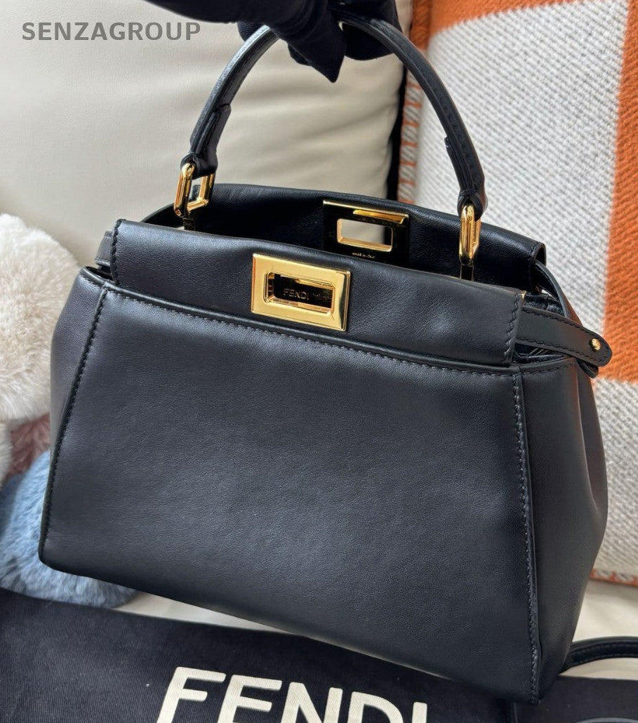 Fendi peekaboo PM Top Handle Shoulder Crossbody Bag Black Gold Almost Brand New