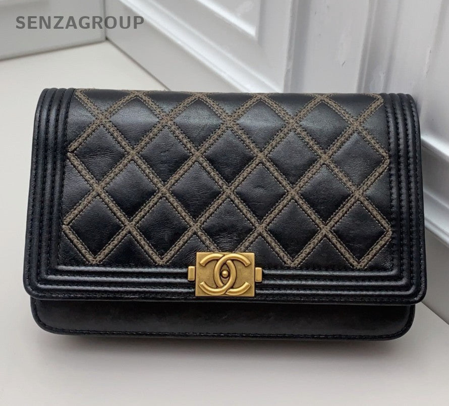 Chanel Leboy WOC Chain Shoulder Bag Black Gold Women Classic Diamond