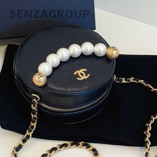 Chanel Pearl Round Bag Chain 2Way Shoulder Bag Black Gold Used Women Designer