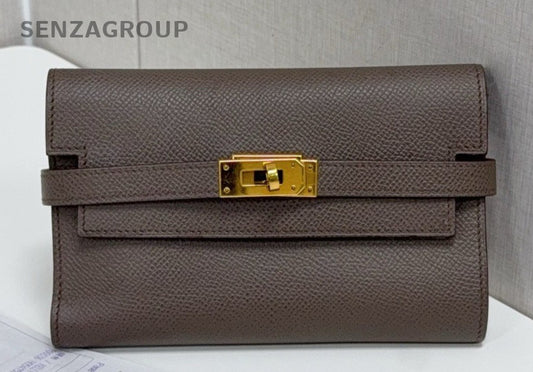 Hermes Kelly Medium Wallet Gray Gold Used Women Classic Designer
