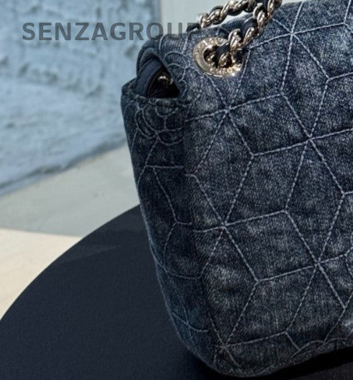 Chanel Classic Flap Denim MM Double Chains Shoulder Bag Blue Women Designer
