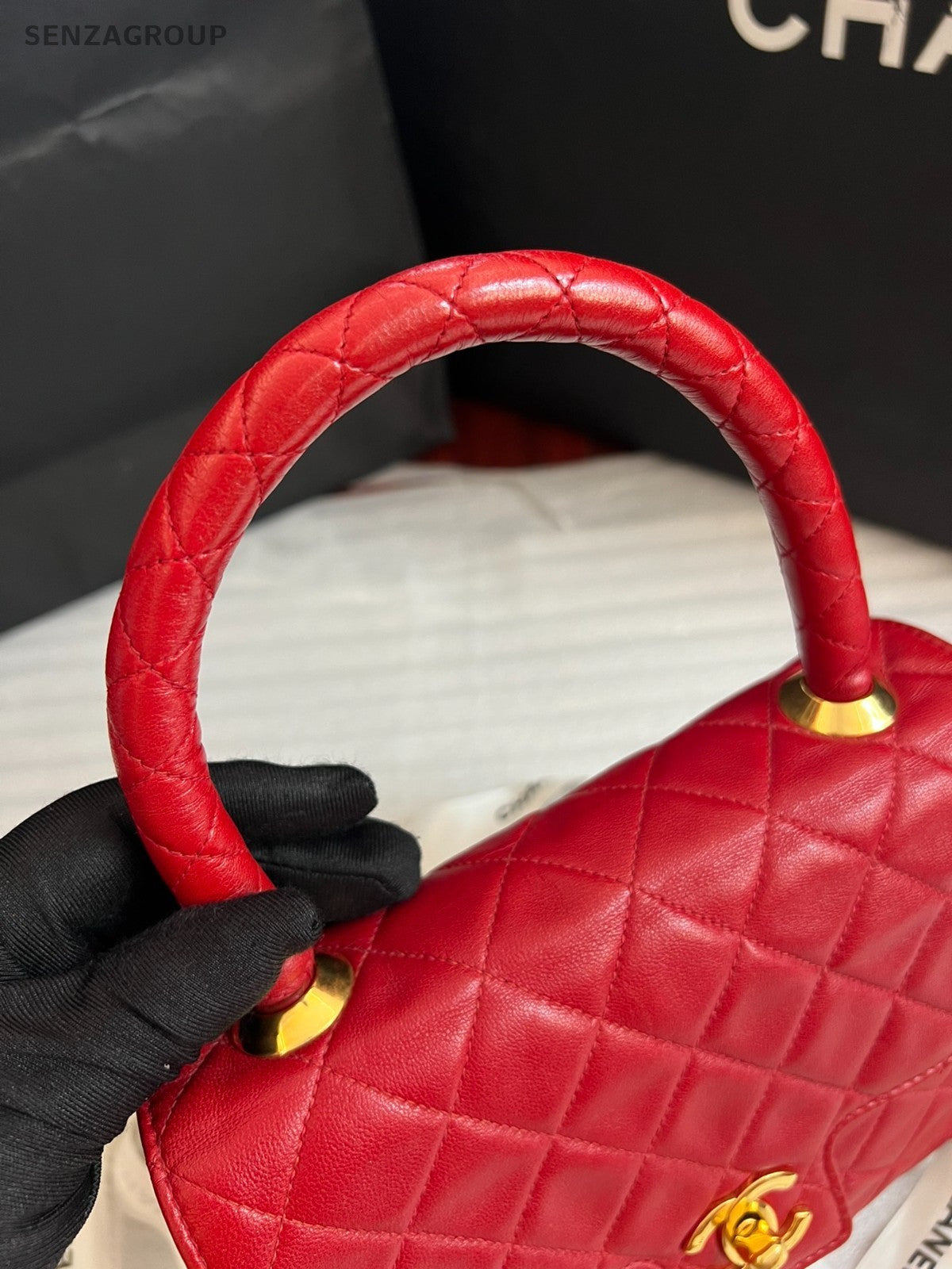 CHANEL Vintage Kelly Top Handle Diamond Pattern Handbag Red Gold Women Classic