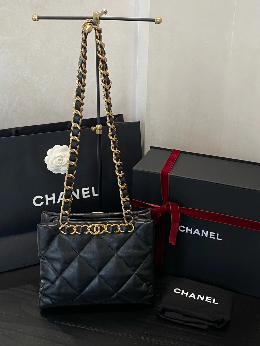 CHANEL Black Gold Puff Small Tote Bag For Women