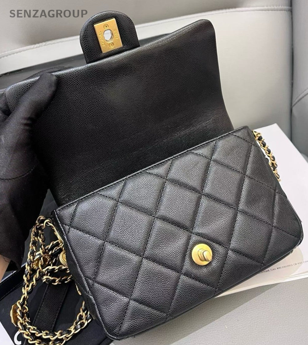 Chanel Calfskin Chain Diamond Shoulder Bag Crossbody Black Gold Women Fashion