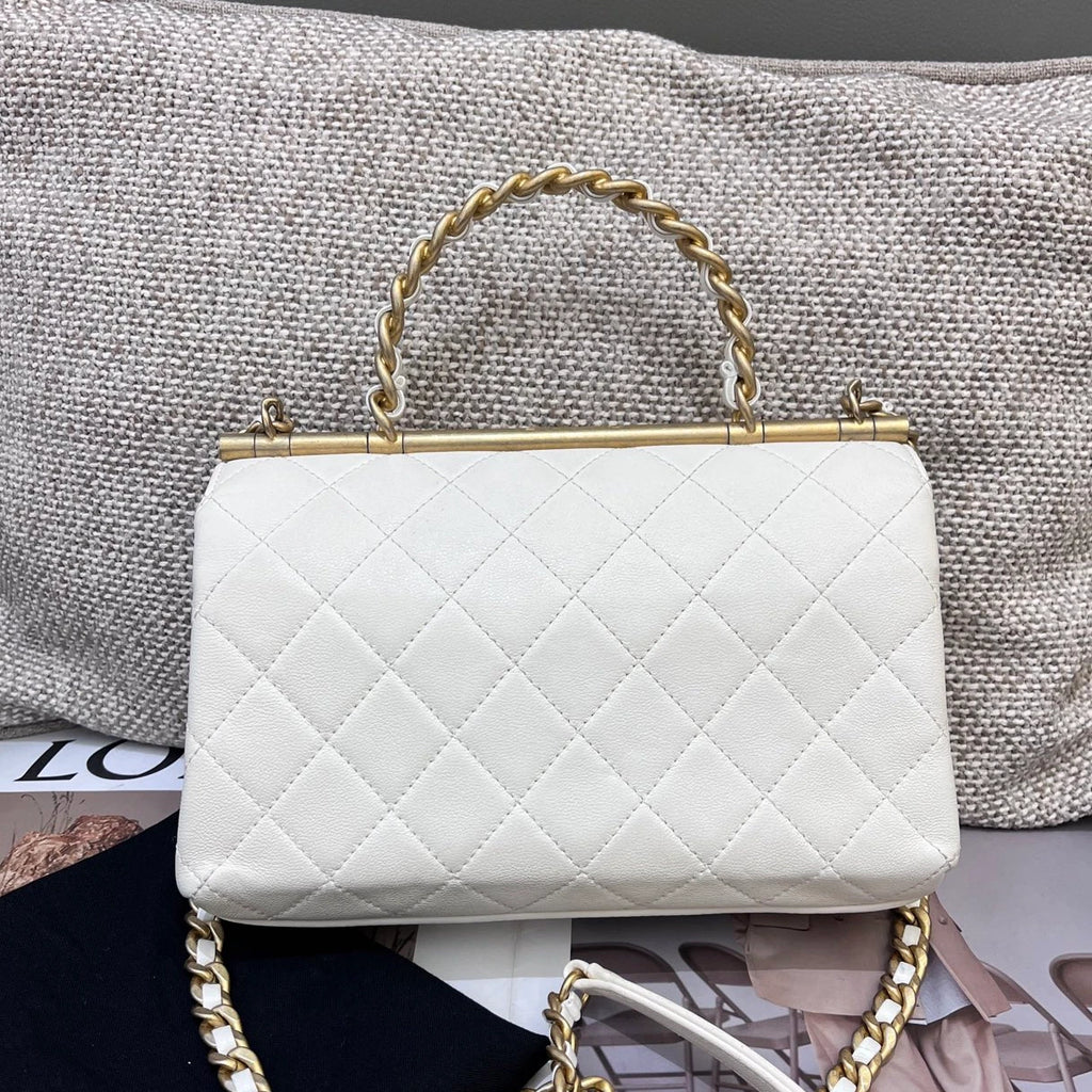 Chanel Diamond Chain Top Handle Crossbody White Gold Women Classic