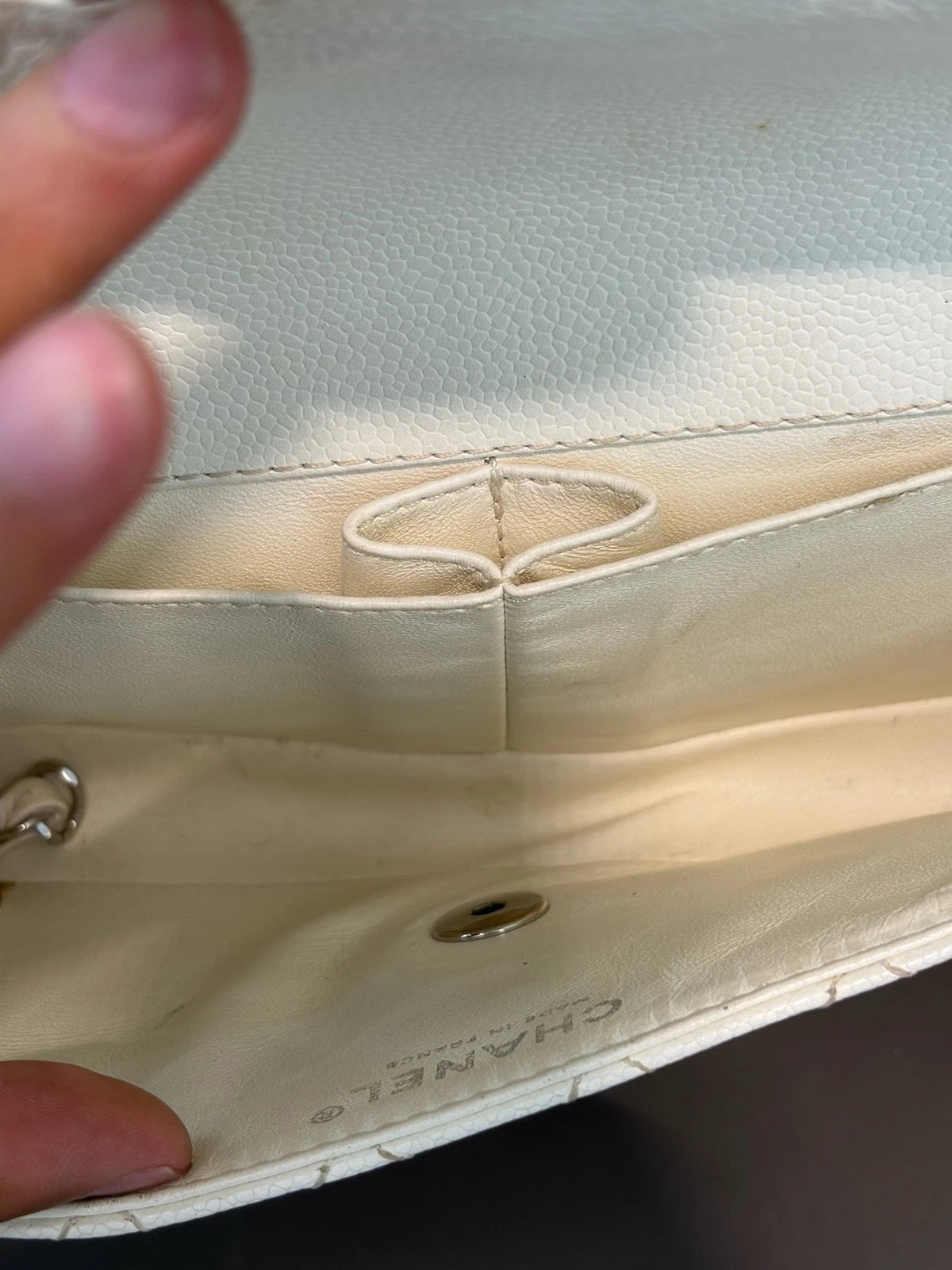 Authentic Chanel Classic Flap Silver Chain White Shoulder Bag Diamond Turnlock