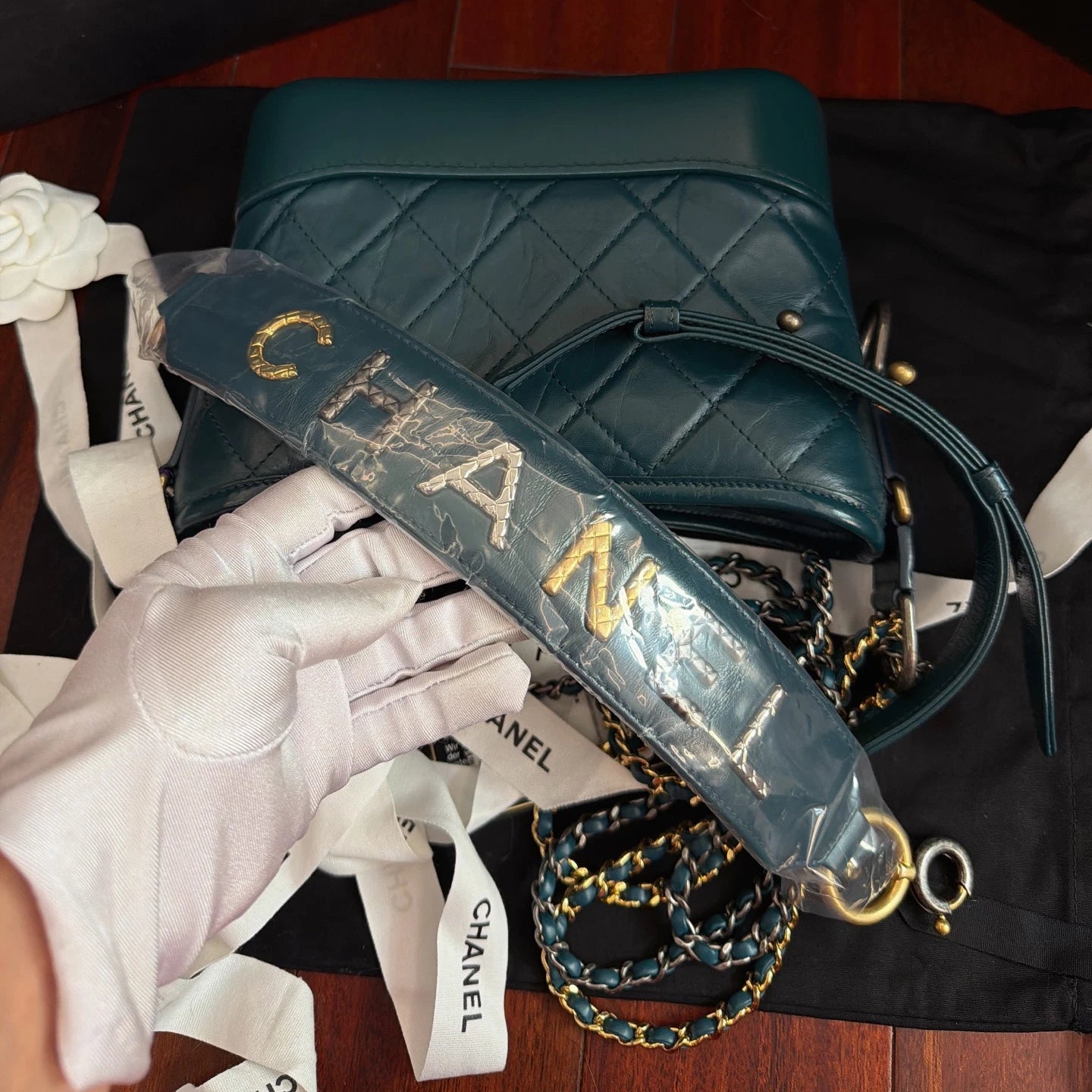 New Chanel Gabrielle PM Chain Blue Handbag Shoulder Bag Diamond Gold Hardware