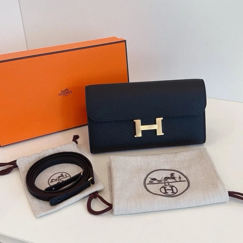 Hermes Constance Togo Clutch Shoulder Bag Black Gold Women Classic Fashion