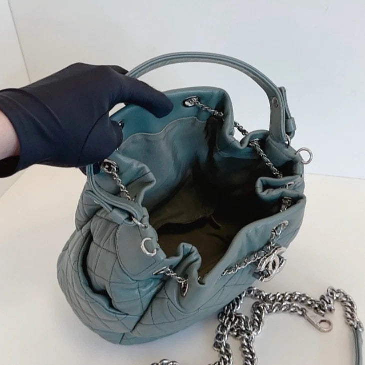 Chanel Diamond Drawstring Bucket Top Handle Shoulder Bag Green Silver Women