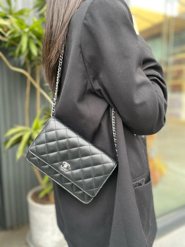 CHANEL WOC Black Silver Grained Leather Shoulder Bag For Women