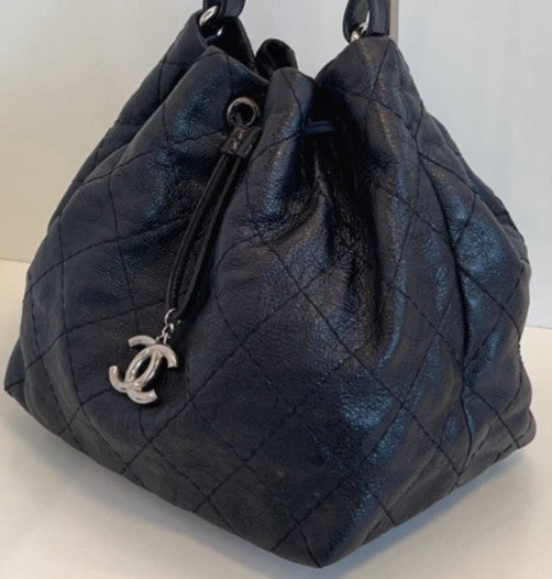 Chanel Calfskin Bucket Shoulder Bag Black Silver Diamond Women Classic Designer