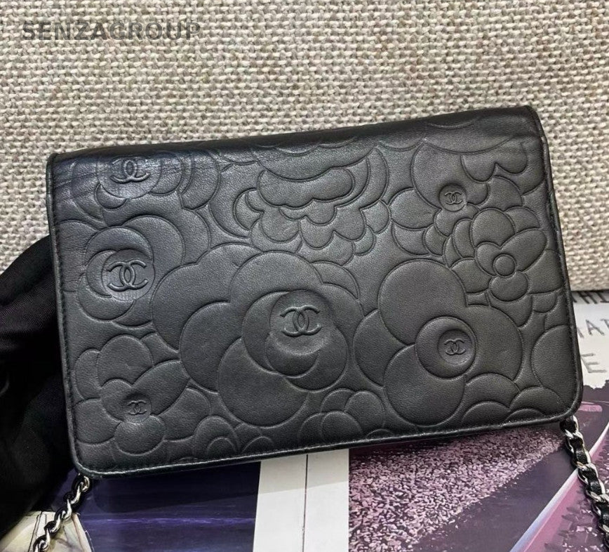 Chanel Calfskin Chain Shoulder Bag Camellia Black Silver Women Classic Fashion