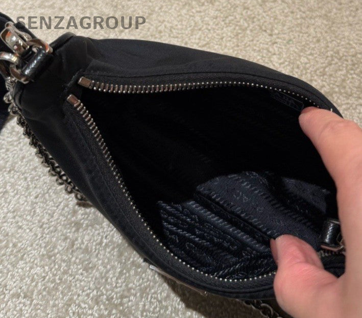 Prada Nylon Hobo Shoulder Bag Crossbody Black Silver Women Classic