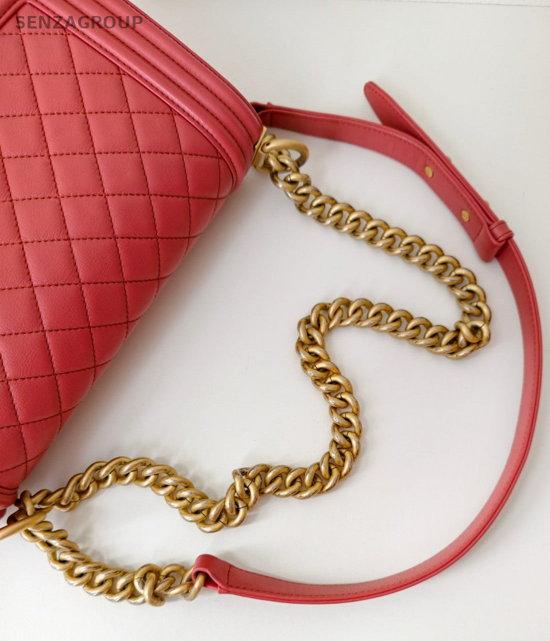 Chanel Leboy MM Chain Shoulder Bag Red Gold Diamond Women Classic Designer