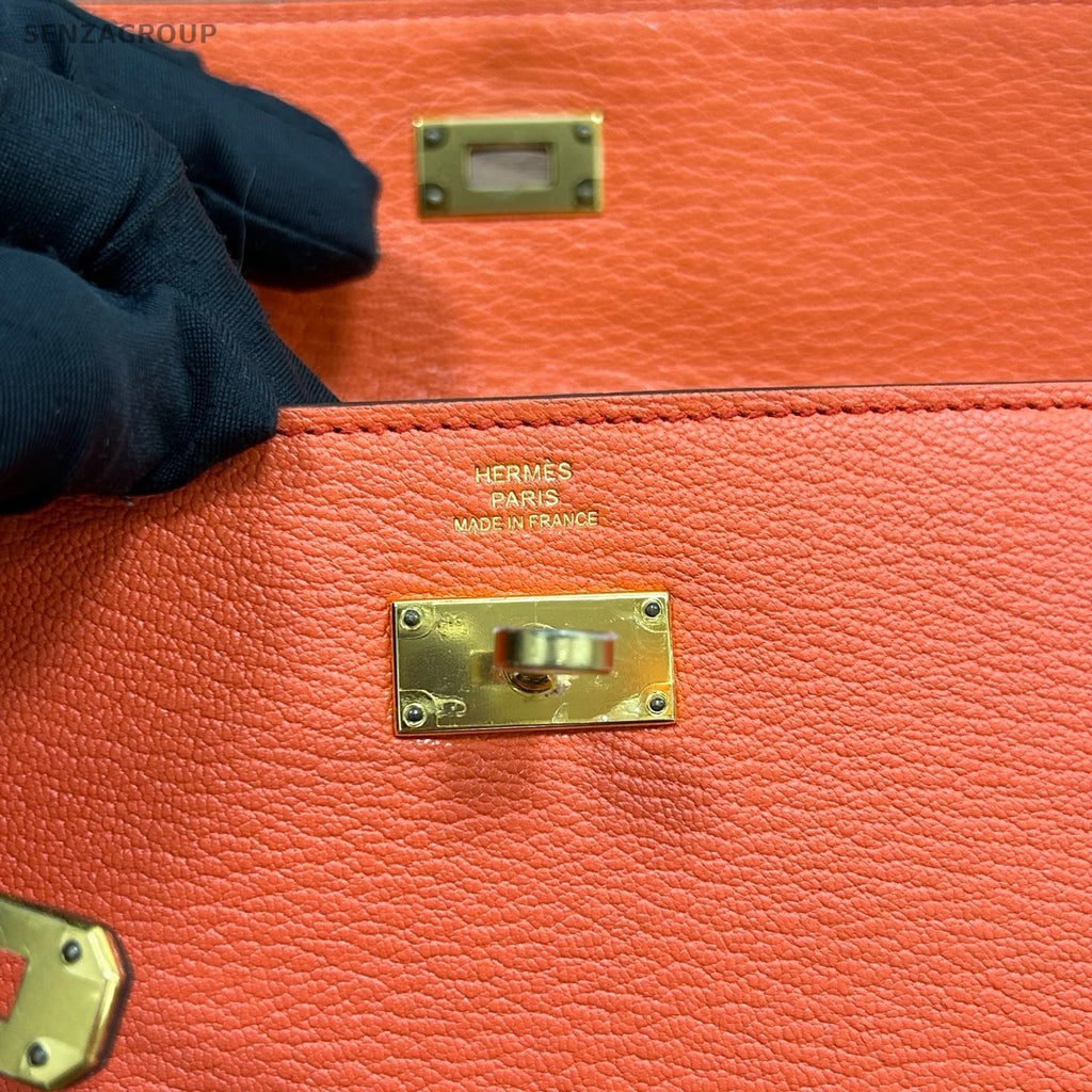Hermes Kelly Long Wallet Goatskin Orange Gold Women Pouch