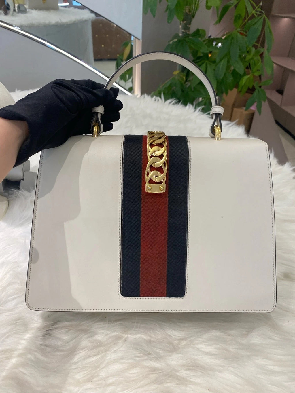 Gucci Sylvie Large Tote Shoulder Bag White Gold Classic Women's