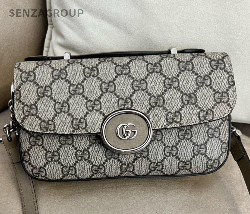 Gucci GG Supreme 2Way Shoulder Bag Crossbody Brown Silver Women Classic