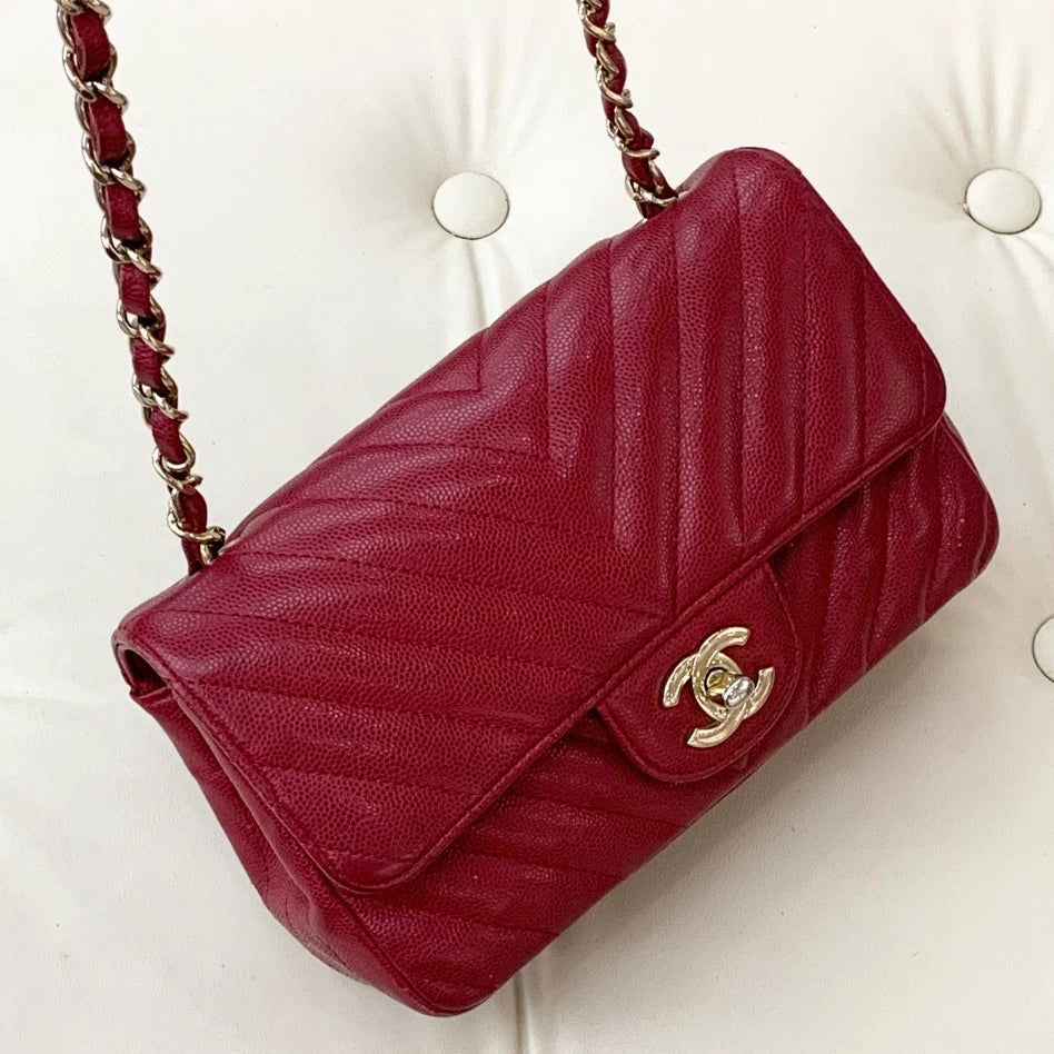 Chanel Classic Flap Mini Chain Calfskin Shoulder Bag Crossbody Red Gold Women S