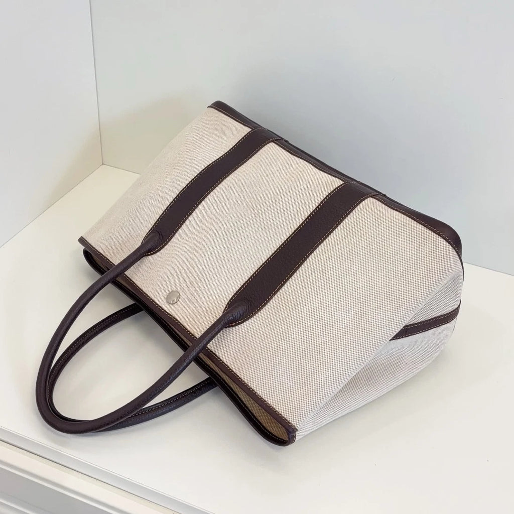 Hermes Garden Party36 Canvas Top Handle Bag White Brown Silver Women Classic