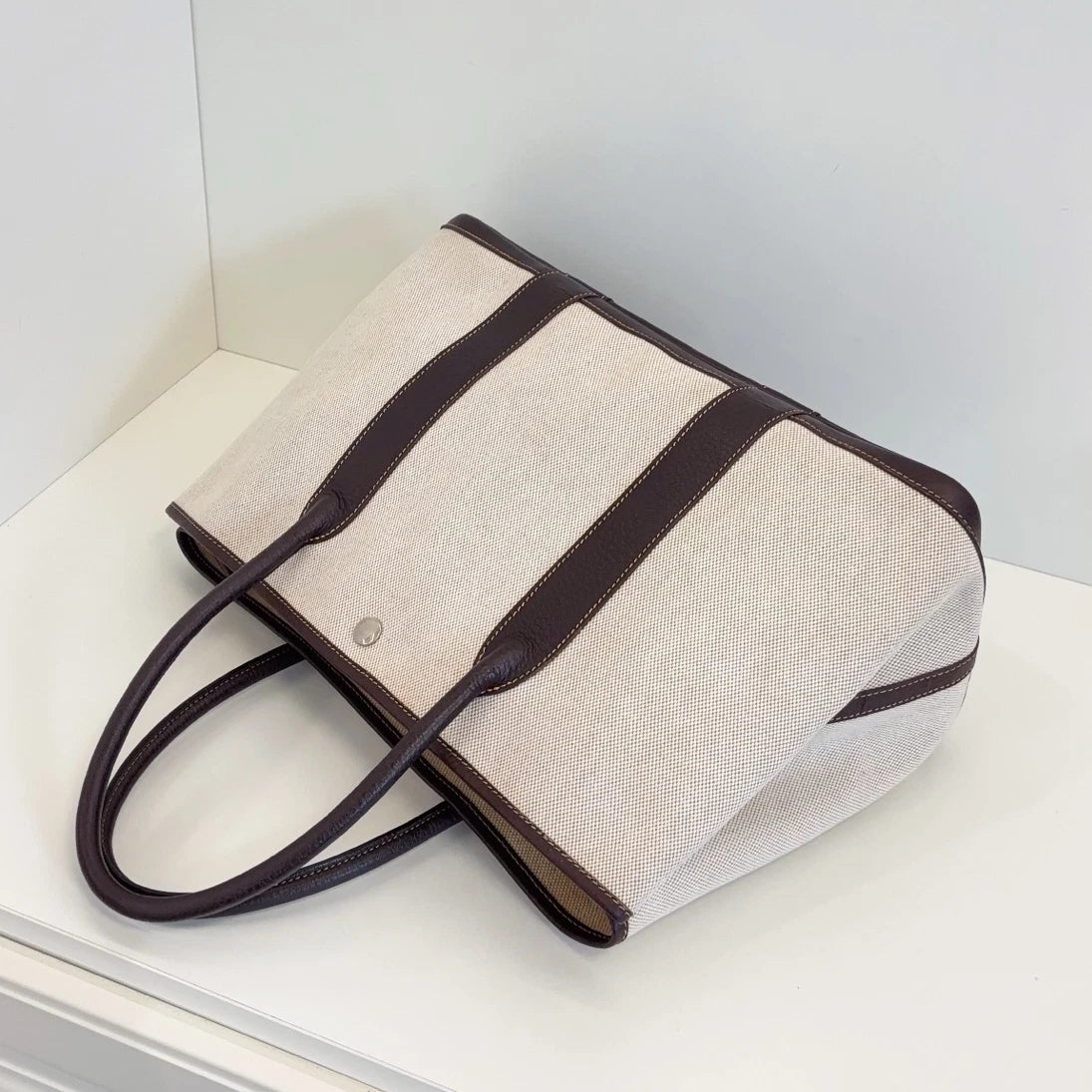 Hermes Garden Party36 Canvas Top Handle Bag White Brown Silver Women Classic