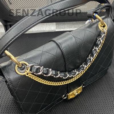 Chanel Black Gold Calfskin Quilted Shoulder Crossbody Bag Classic Fashion