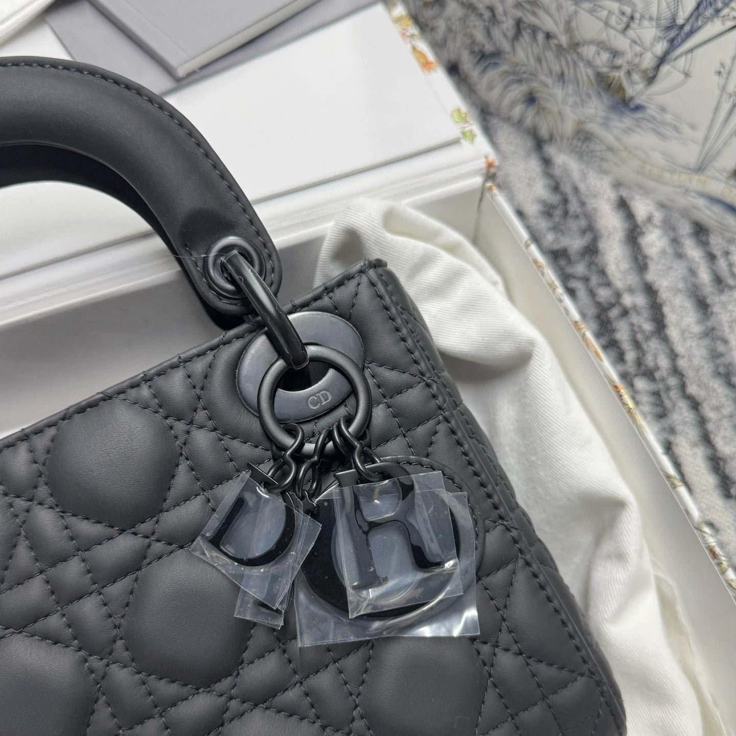 Dior Black Matte Leather 3-Grid Lady Dior Top Handle Bag For Women