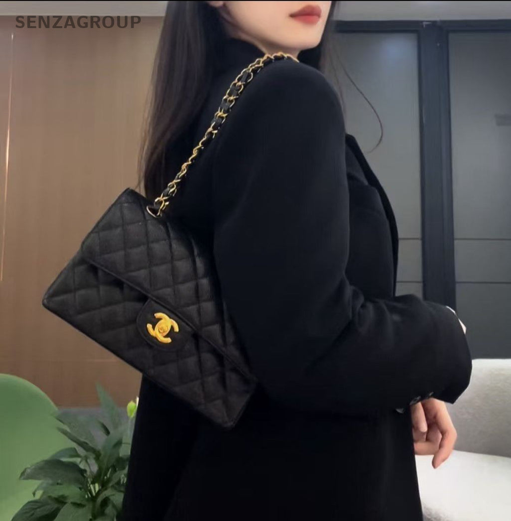 Chanel Classic Flap MM Chain Shoulder Bag Black Gold Diamond Women Fashion