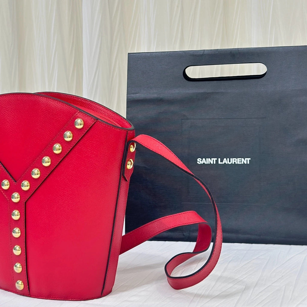 Saint Laurent Red Leather Rivet Flask Shoulder Crossbody For Women