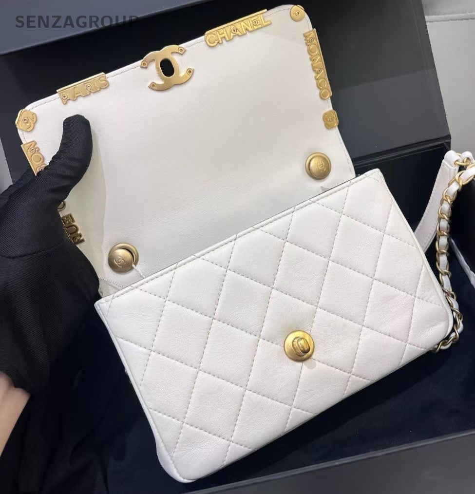 Chanel Chain 2Way Shoulder Bag Crossbody White Gold Diamond Women Classic
