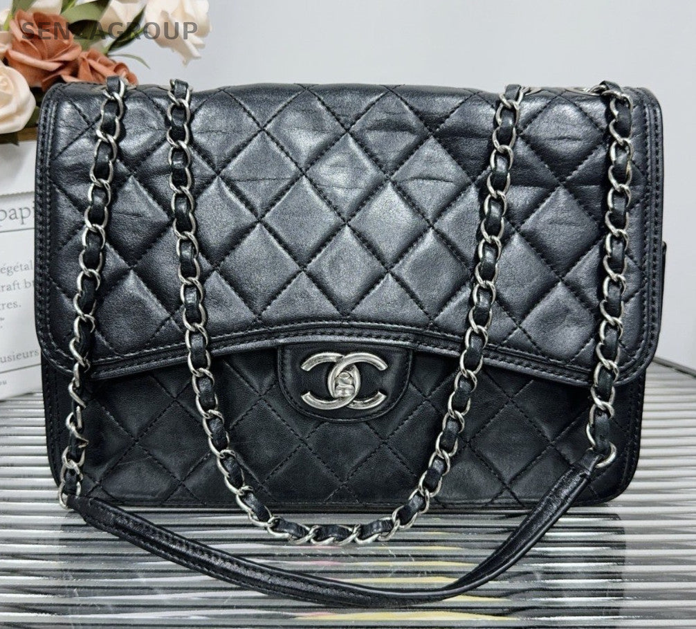 Chanel Classic Flap Lambskin Chain Shoulder Bag Black Silver Women Diamond
