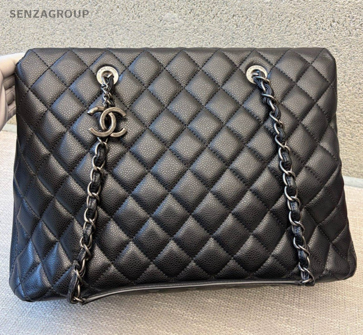 Chanel Diamond Tote Chain Shoulder Bag Black Silver Used Women Classic