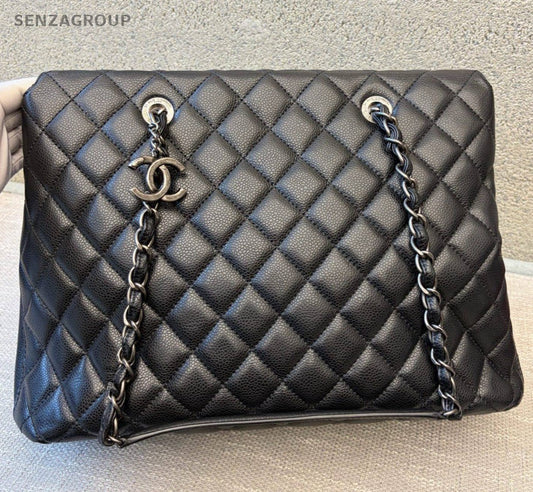 Chanel Diamond Tote Chain Shoulder Bag Black Silver Used Women Classic