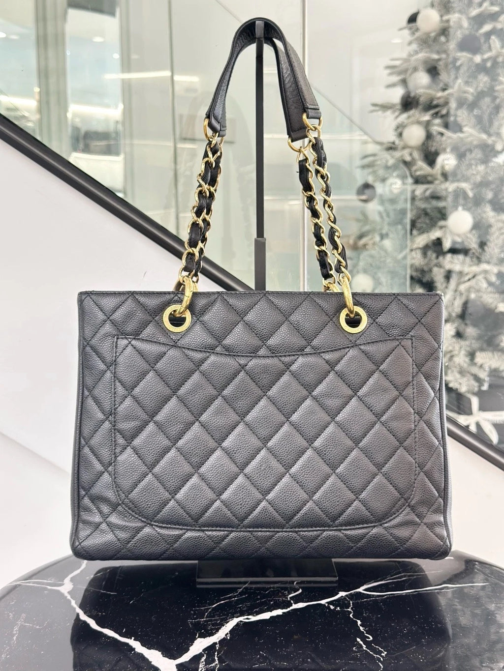 Chanel Grand Shopping Tote MM Calfskin Chain Shoulder Bag Black Women S