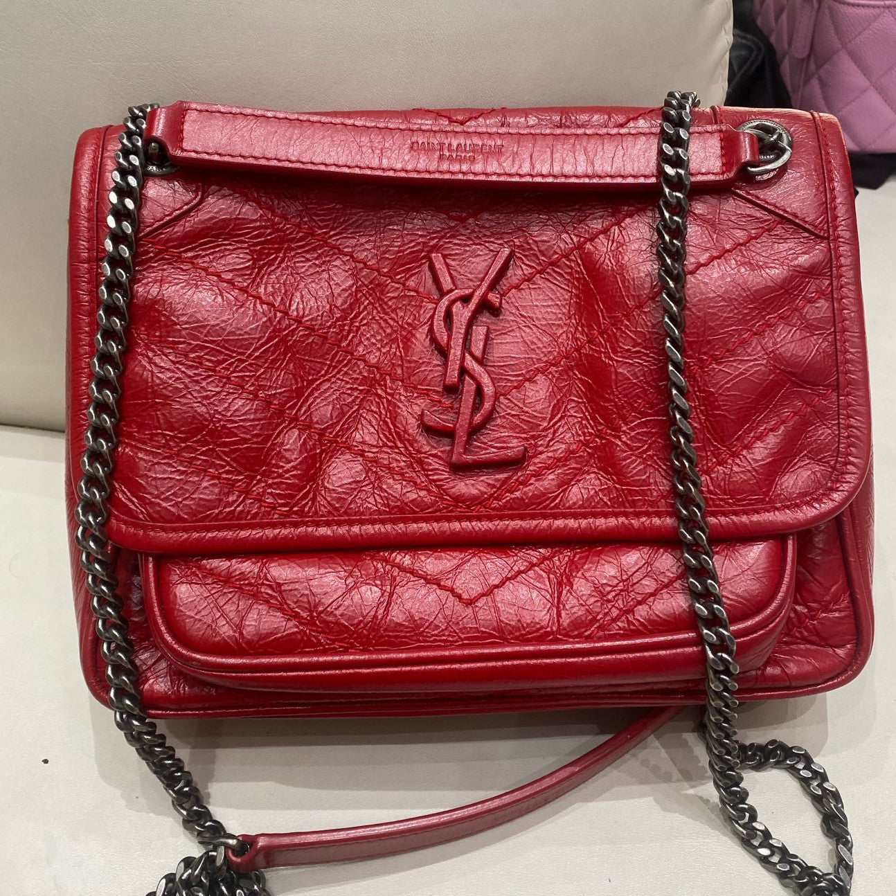 Saint Laurent Niki Small Chain Shoulder Bag Red Silver Classic Women's