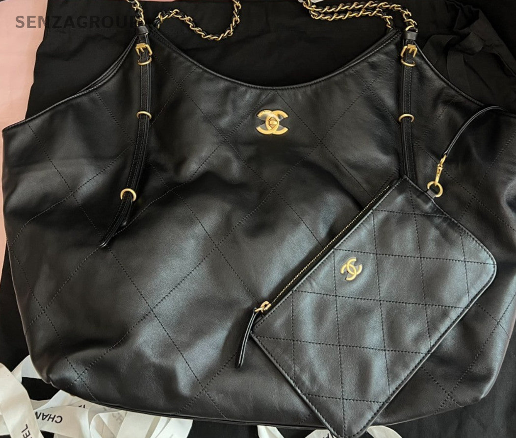 Chanel 25S Maxi Tote Calfskin Chain Shoulder Bag Black Gold Women Classic