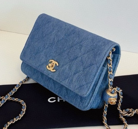 Chanel WOC Denim Chain Shoulder Bag Crossbody Blue Gold Women Classic Fashion