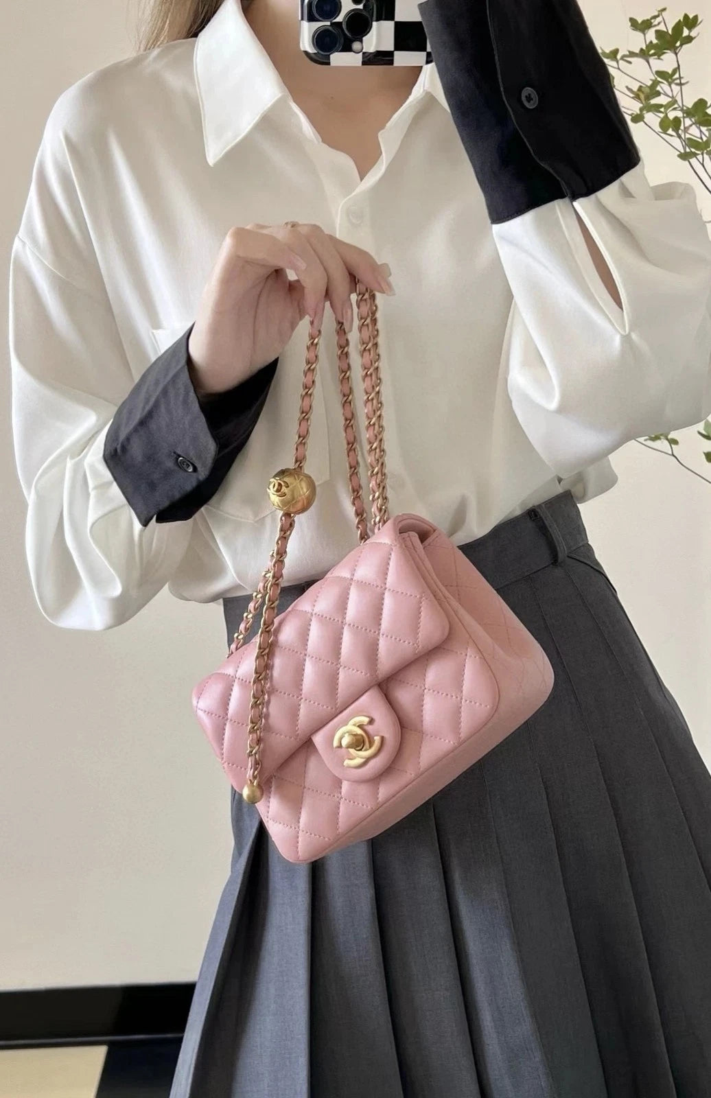 CHANEL Mini Pink Lambskin Gold Ball Crossbody Shoulder Bag Women