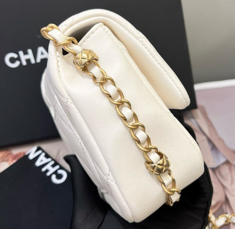 Chanel Classic Flap Chain Lambskin Shoulder Bag White Gold Women Fashion Diamond