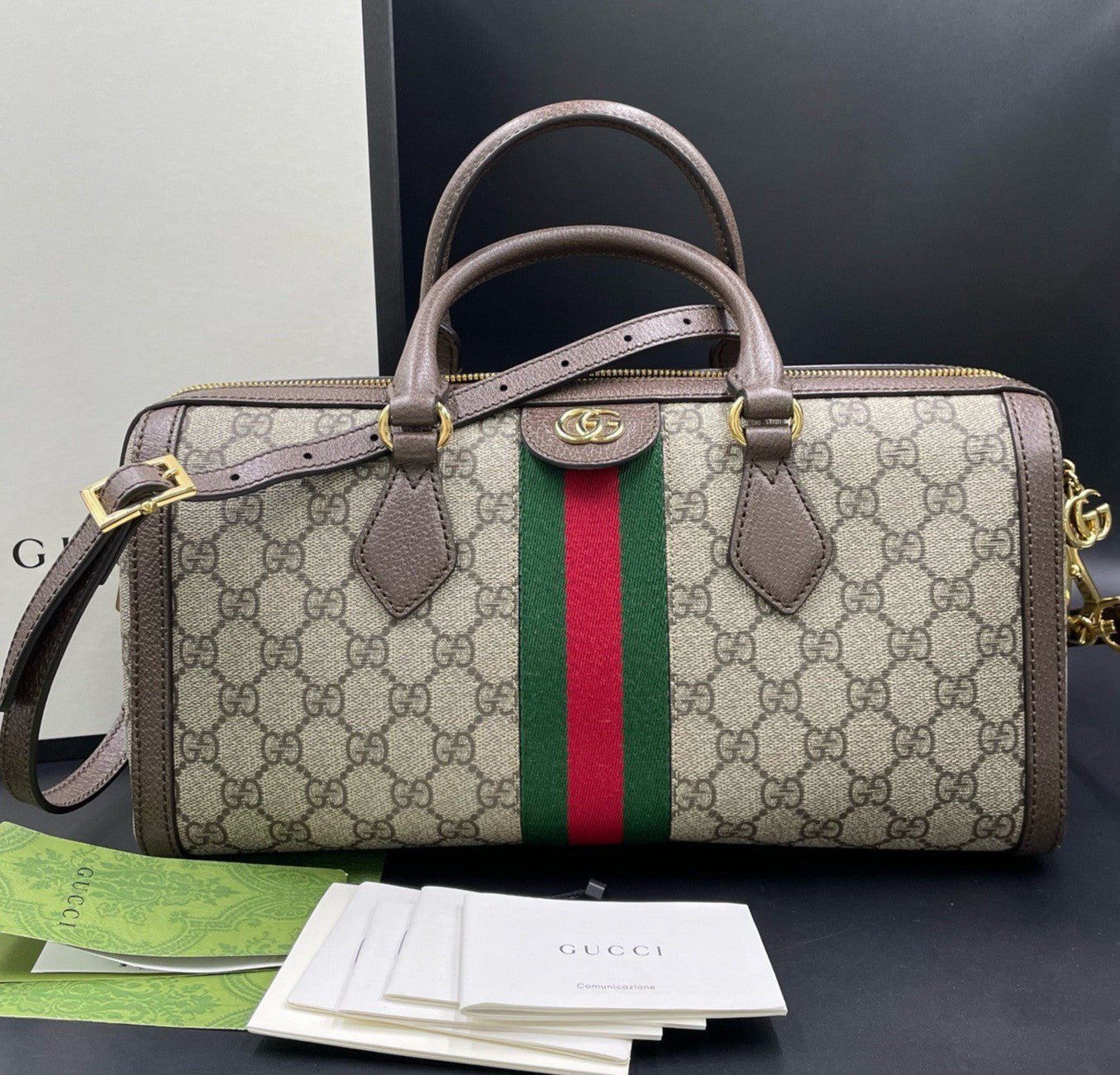 Gucci Boston Ophidia Top Handle Crossbody Brown Gold Used Women Classic