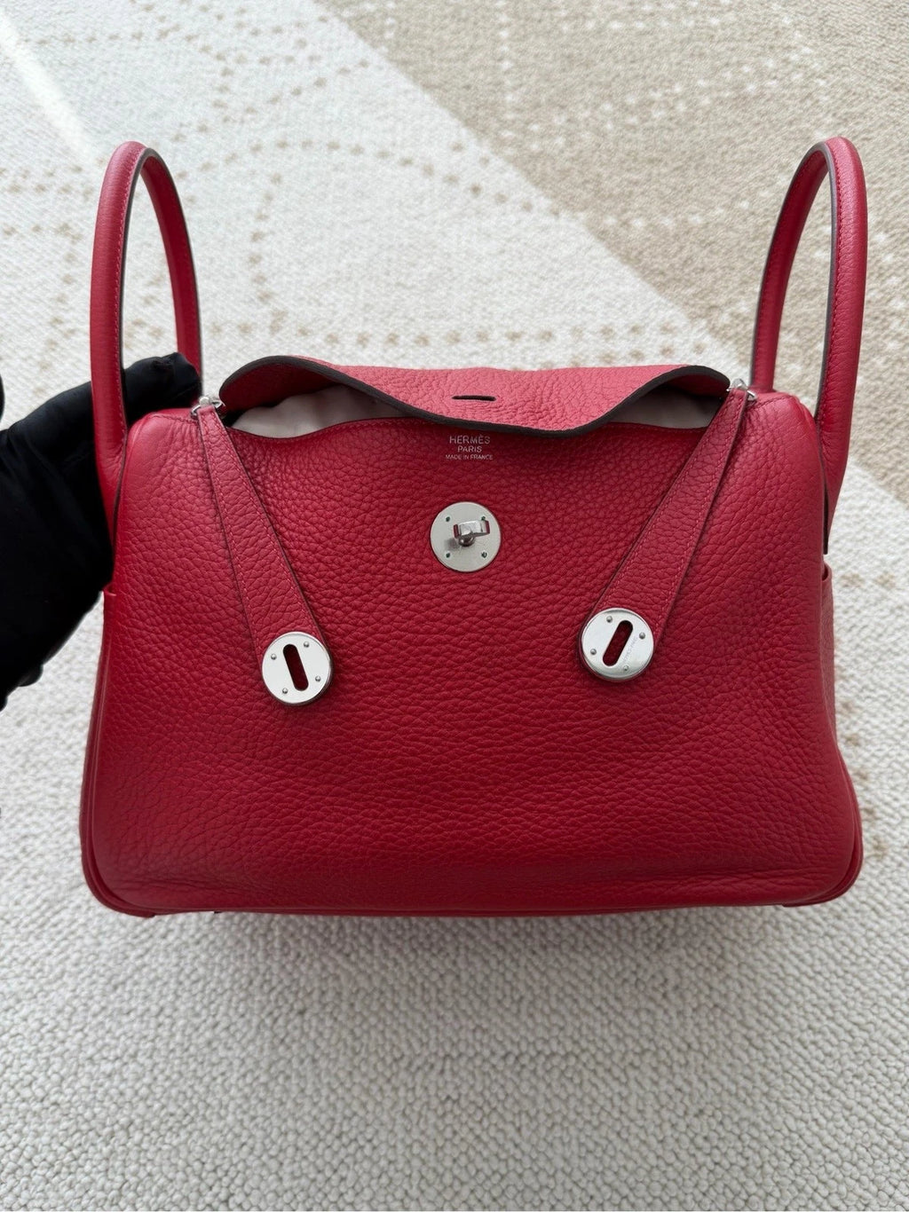 Hermes Lindy30 TC Leather Top Handle Shoulder Bag Red Silver Women Classic