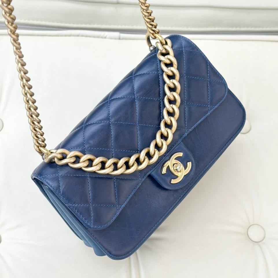 Chanel Diamond PM Chain Top Handle Bag Crossbody Navy Gold Women Classic S