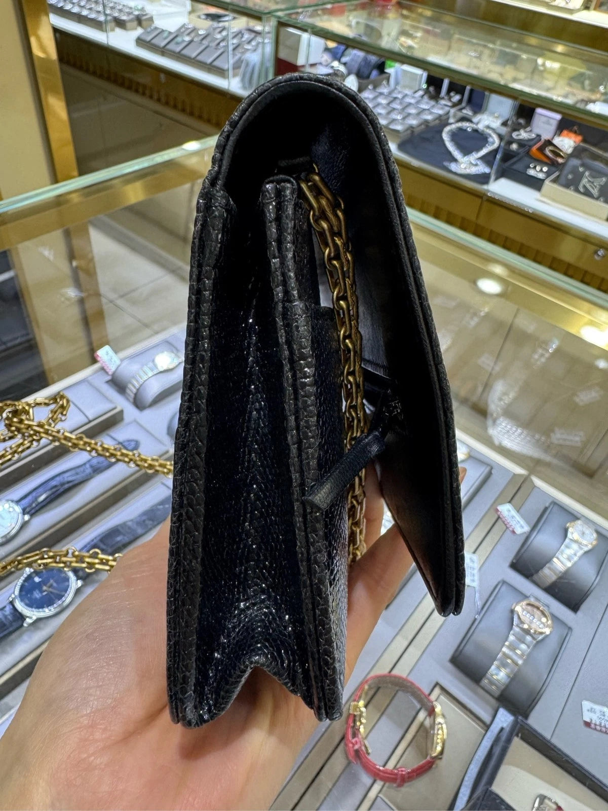 CHANEL 2.55 WOC Black Gold Lizard Leather Crossbody Bag For Women